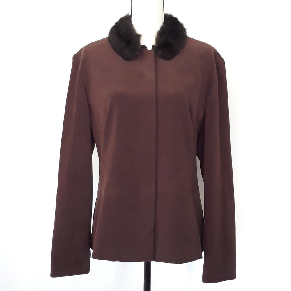 Amanda Smith Brown Faux Suede Hidden Button Down Fur Collar Jacket 14